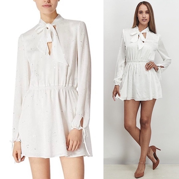 NWT AVEC FILLES Metallic Abstract Print Long Sleeve Tie Neck Ruffle Cuff Dress M - Picture 3 of 8